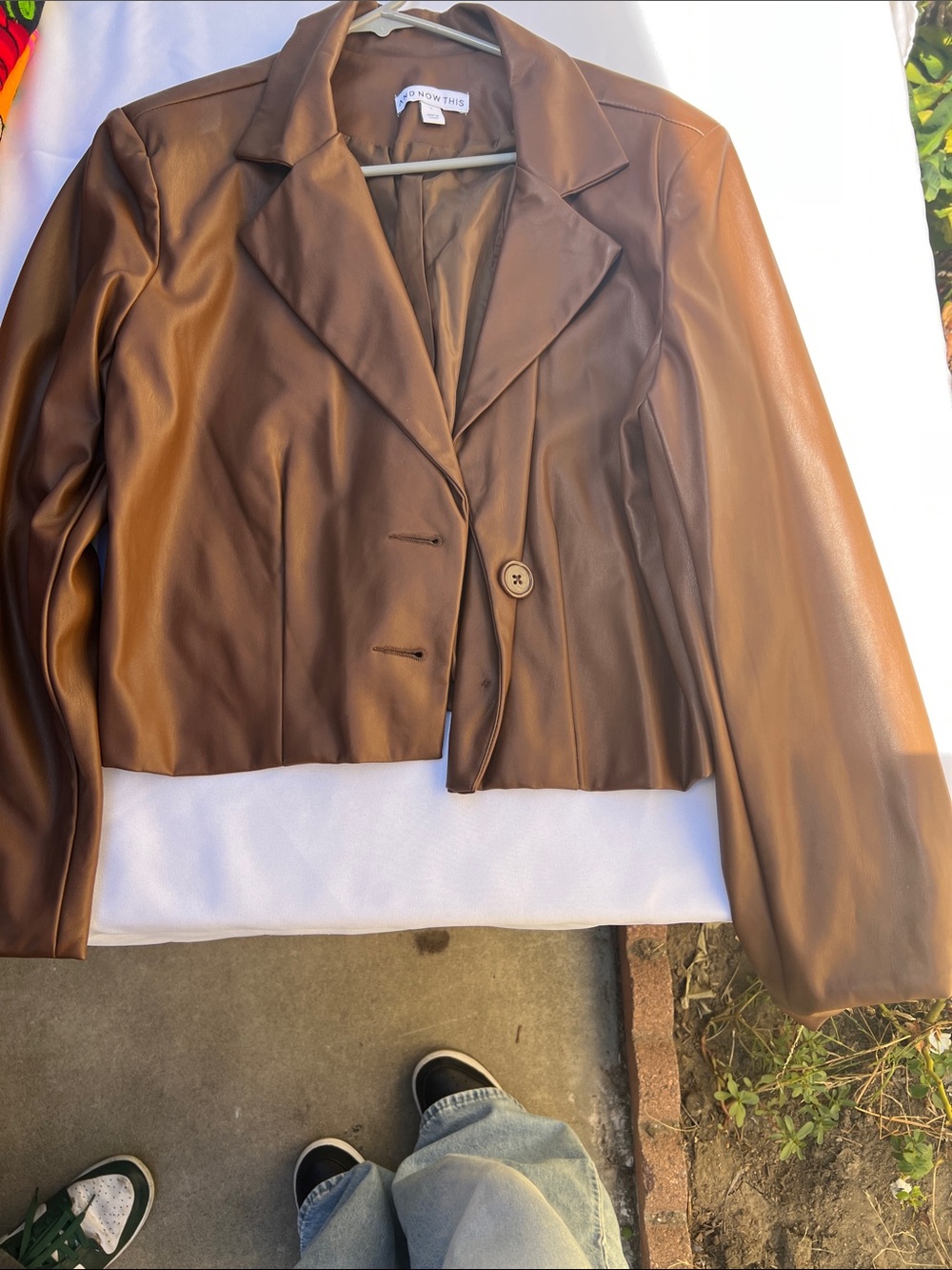 Brown Faux Leather Cropped Blazer Jacket -